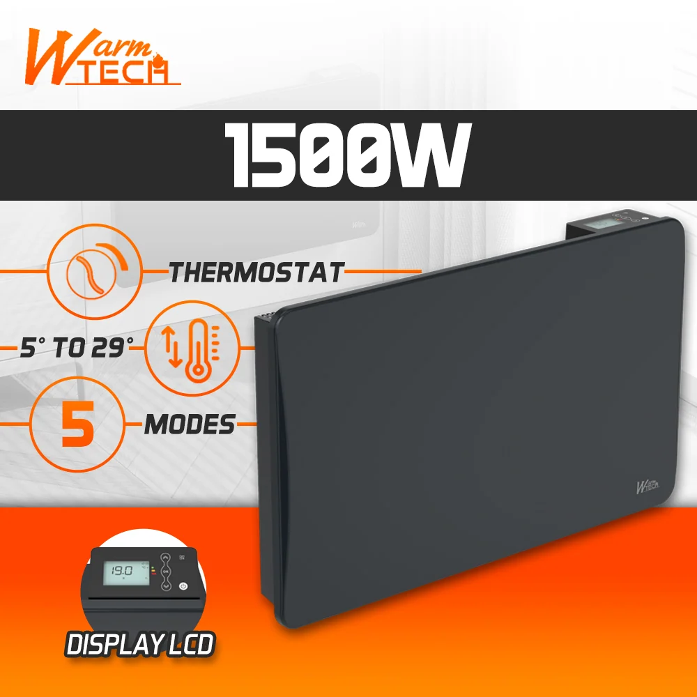 Radiateur à inertie céramique 1500 W mural – noir – thermostat LCD