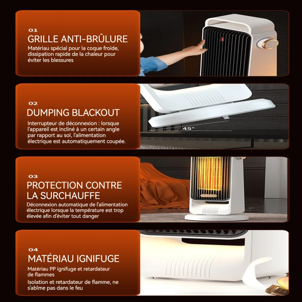 Radiateur soufflant 220v 48,5x18,5cm intelligent thermostat 3-speed réglage chauffage d'appoint 1,5m câble chaufferette el...