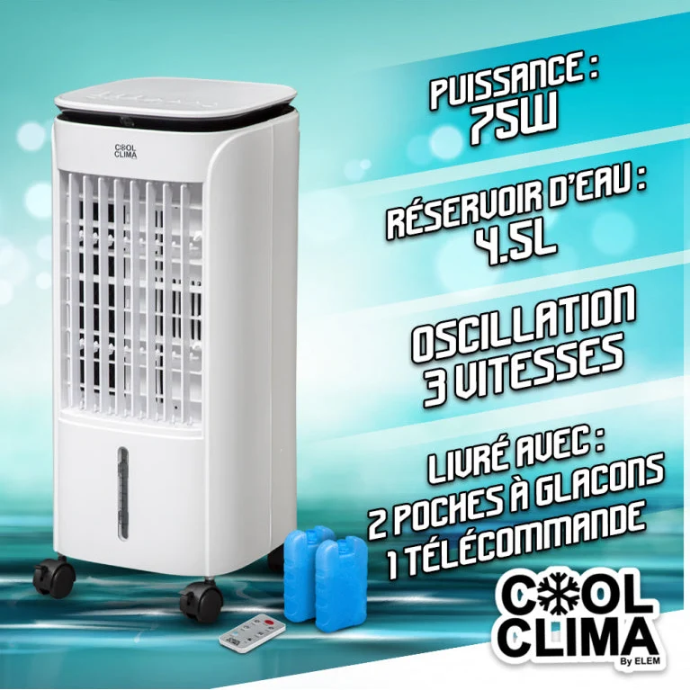Rafraîchisseur d’air 75W – 4,5L avec télécommande – 3 vitesses & oscillation – Mobile et économique