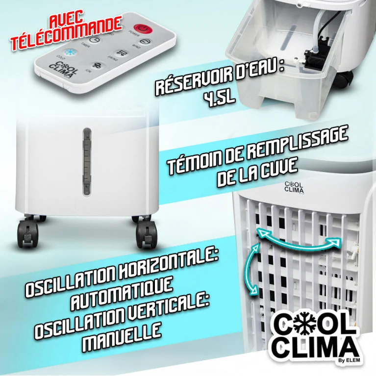 Rafraîchisseur d’air 75W – 4,5L avec télécommande – 3 vitesses & oscillation – Mobile et économique