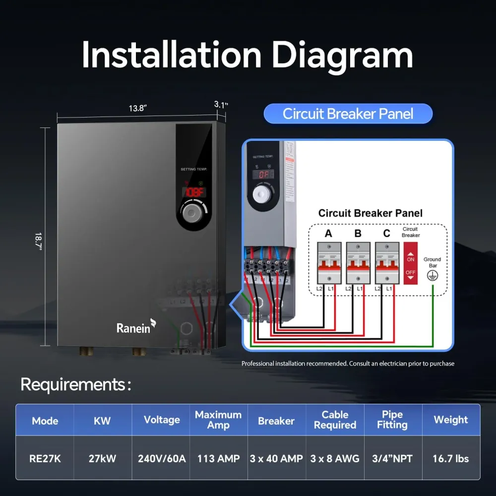 Chauffe-eau Électrique Instantané Ranein 240V Sans Réservoir IPX4 – Noir – Salle de Bain