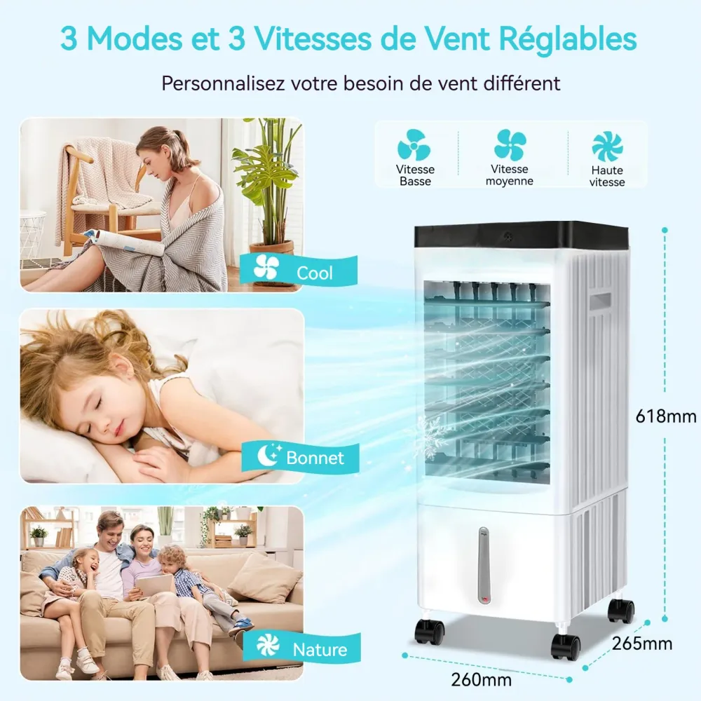 Refroidisseur d'air 65W 26x26x61cm silencieux avec télécommande et boîte à cristaux glace 3 vitesse ventilateur de climati...