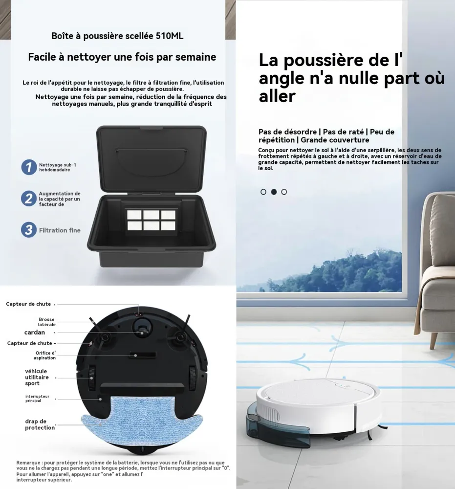 Robot aspirateur 3 en 1 2000 Pa Forte Aspiration charge USB poils d'animaux détection obstacles intelligent chargeur domes...