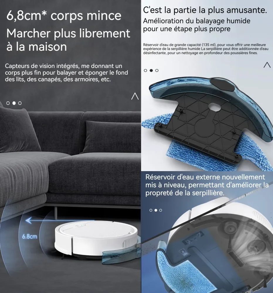 Robot aspirateur 3 en 1 2000 Pa Forte Aspiration charge USB poils d'animaux détection obstacles intelligent chargeur domes...