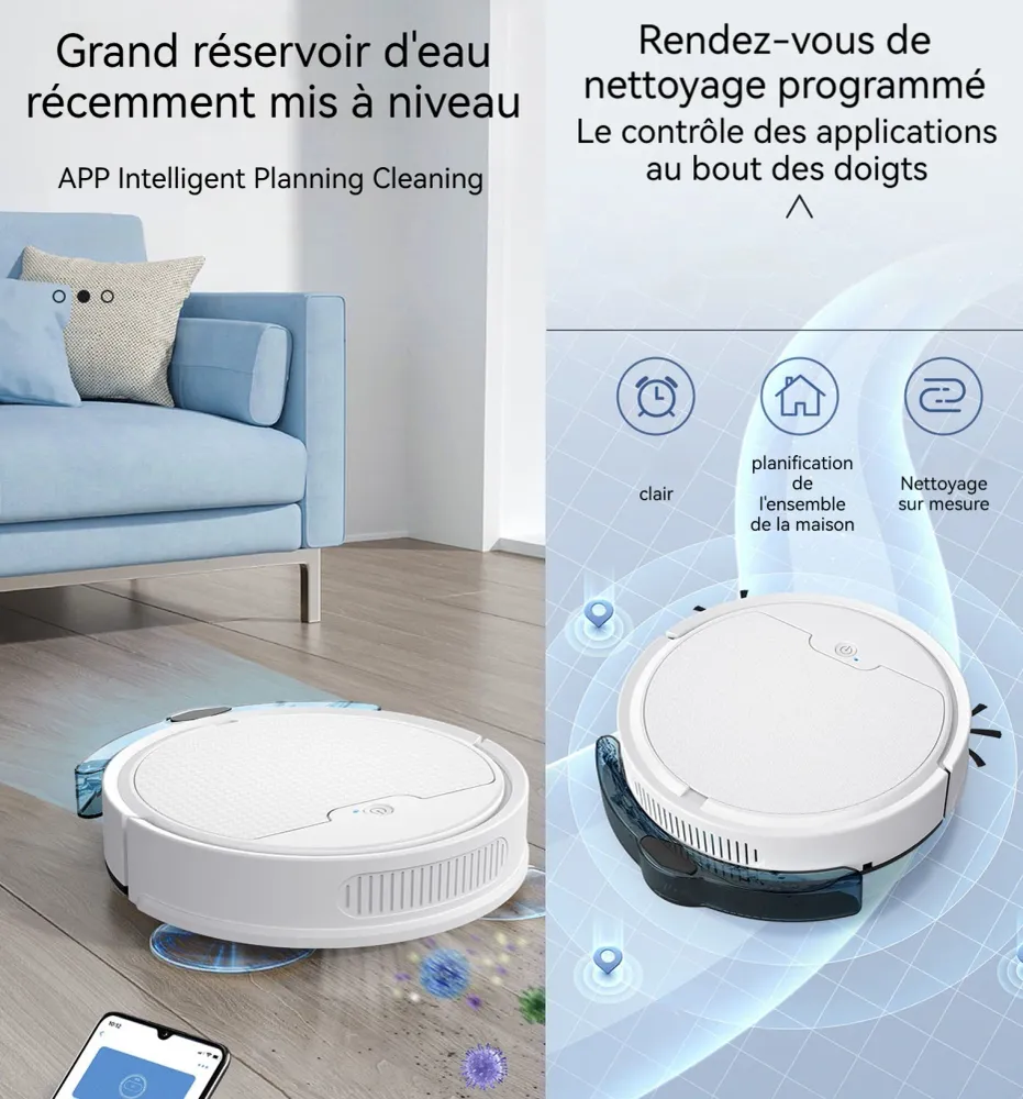 Robot aspirateur 3 en 1 2000 Pa Forte Aspiration charge USB poils d'animaux détection obstacles intelligent chargeur domes...