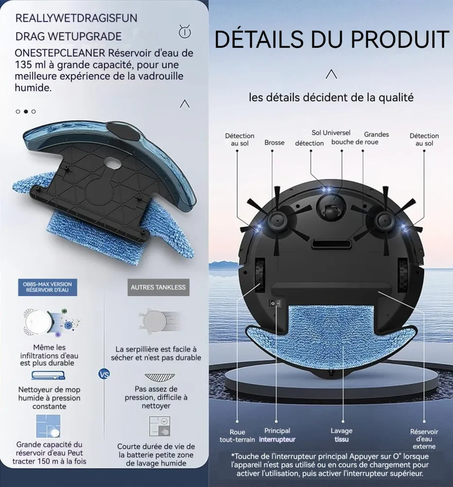 3 en 1 Robot aspirateur 2000Pa Forte Aspiration charge USB nettoyage par aspiration forte idéal pour poils d'animaux domes...