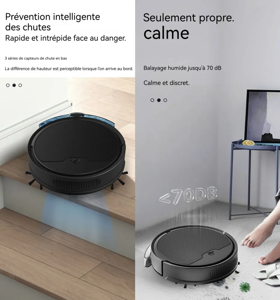 3 en 1 Robot aspirateur 2000Pa Forte Aspiration charge USB nettoyage par aspiration forte idéal pour poils d'animaux domes...