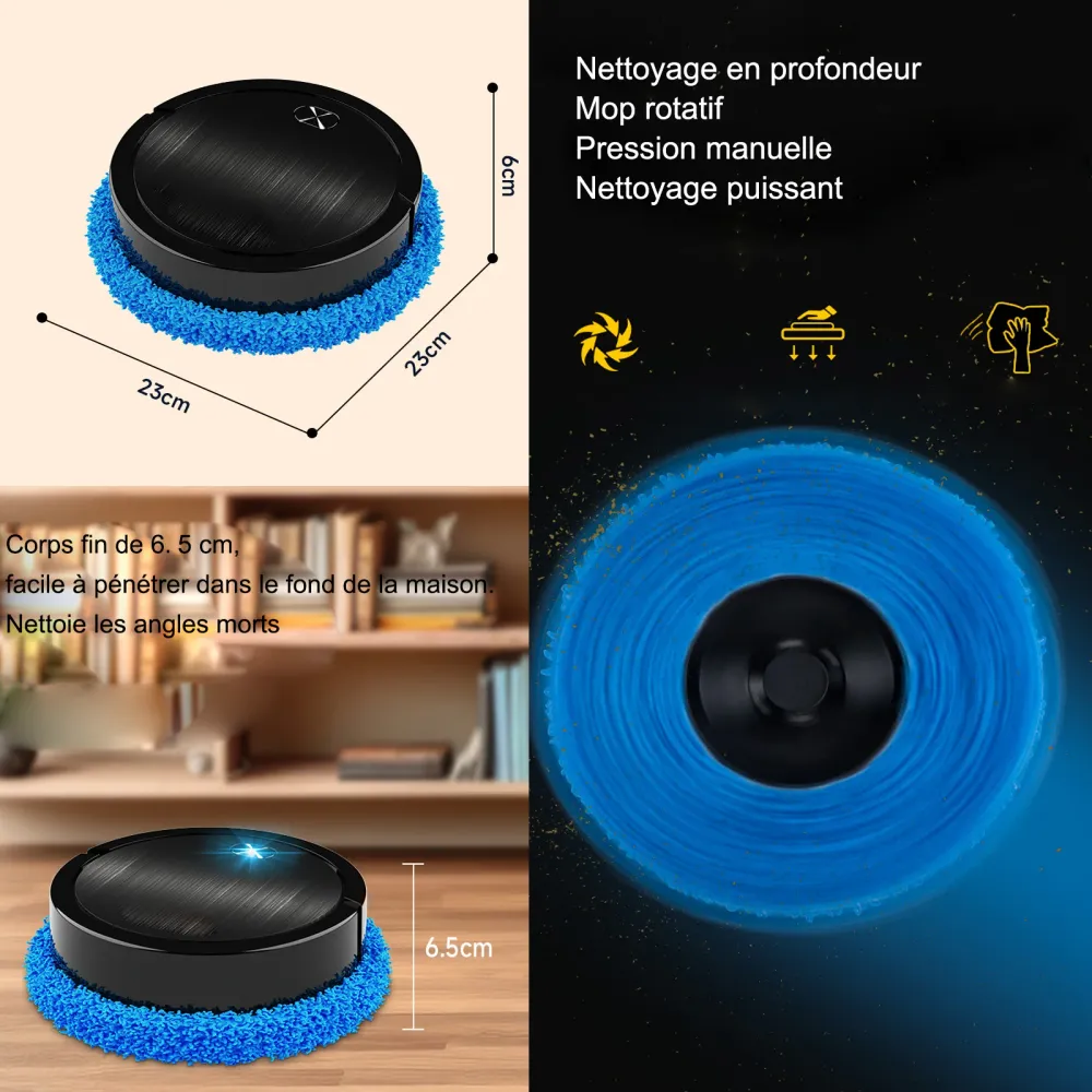 Robot aspirateur 23x6 cm 1200mAh 55 db 80 minutes autonomie humide et sec usb chargement vaporisateur silencieux aspirateu...