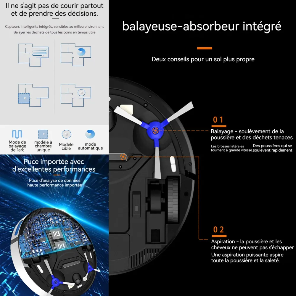 Robot aspirateur 3 en 1 3000Pa APP Recharge Automatique Balayage Et Nettoyage Humide pour Tapis Sols Durs 7,5 cm Ultra-Min...
