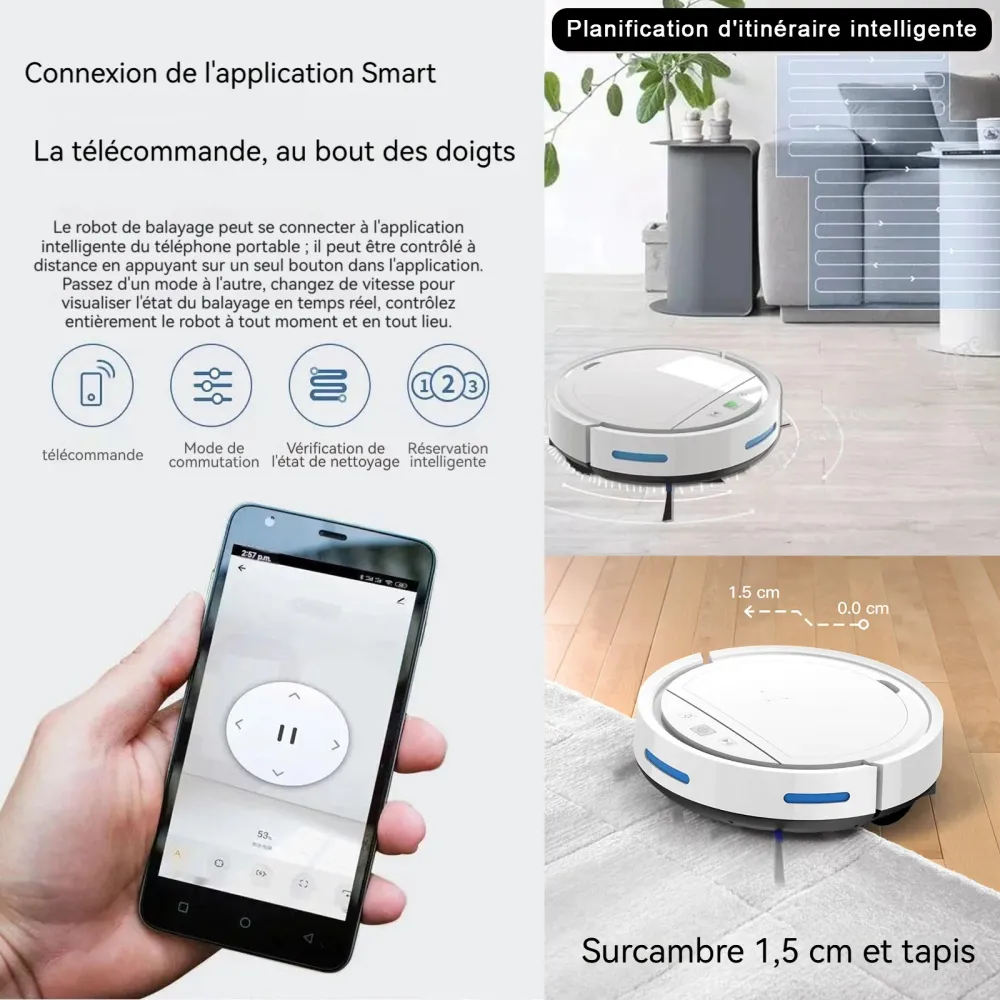 Robot aspirateur 3 en 1 3000Pa APP Recharge Automatique Balayage Et Nettoyage Humide pour Tapis Sols Durs 7,5 cm Ultra-Min...