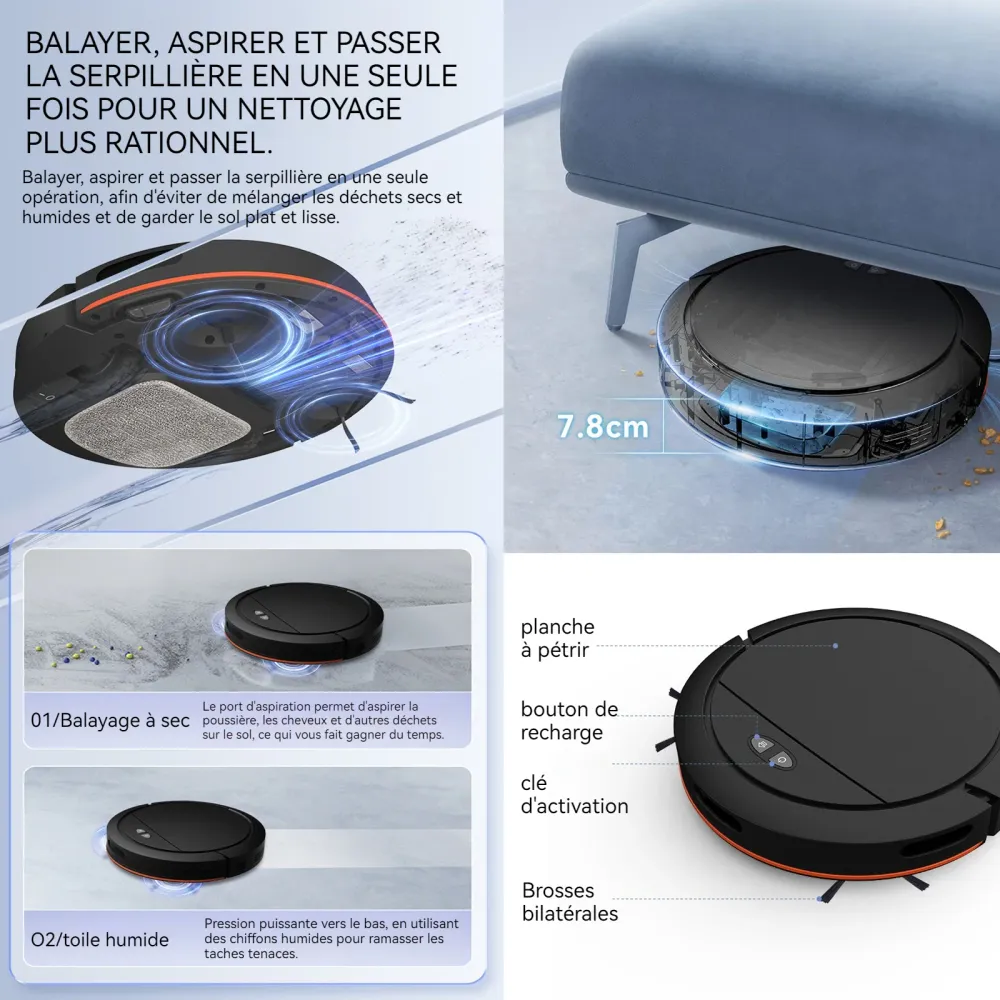 Robot aspirateur 4000pa 6000mah 4 niveaux de réglage Wi-Fi aspirateur robot avec 335ml boîte à poussière et 100ml réservoi...