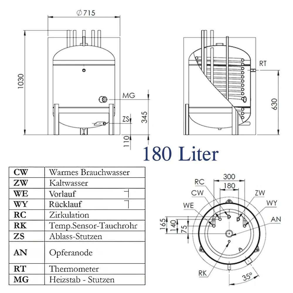 Réservoir d'eau chaude Réservoir d'eau potable Réservoir d'eau sanitaire 180 litres