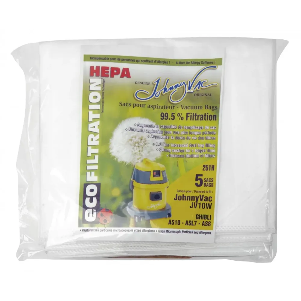 Sacs microfiltre HEPA pour aspirateur Johnny Vac JV10W et Ghibli AS10, ASL7, AS8, (paquet de 5)