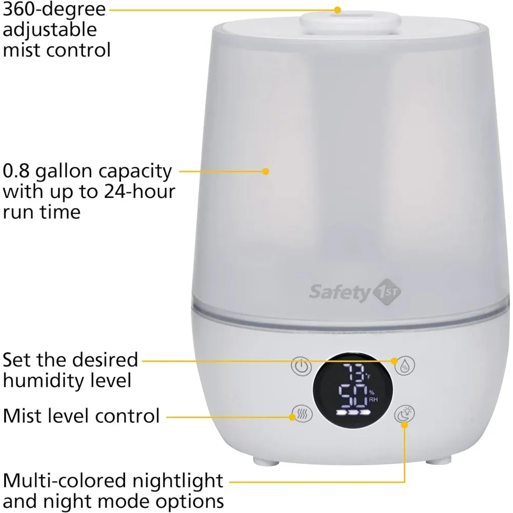 Safety 1st - Humidificateur Sans Filtre, Detecte la Température et Le Niveau D'humidité, Blanc