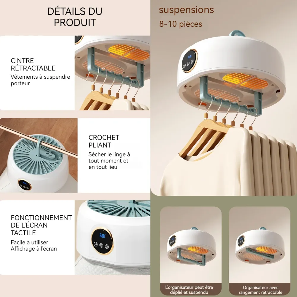 Sèche-linge électrique 65 degrés celsius température de chauffage 10kg capacité portante sèche-linge pliable affichage tél...