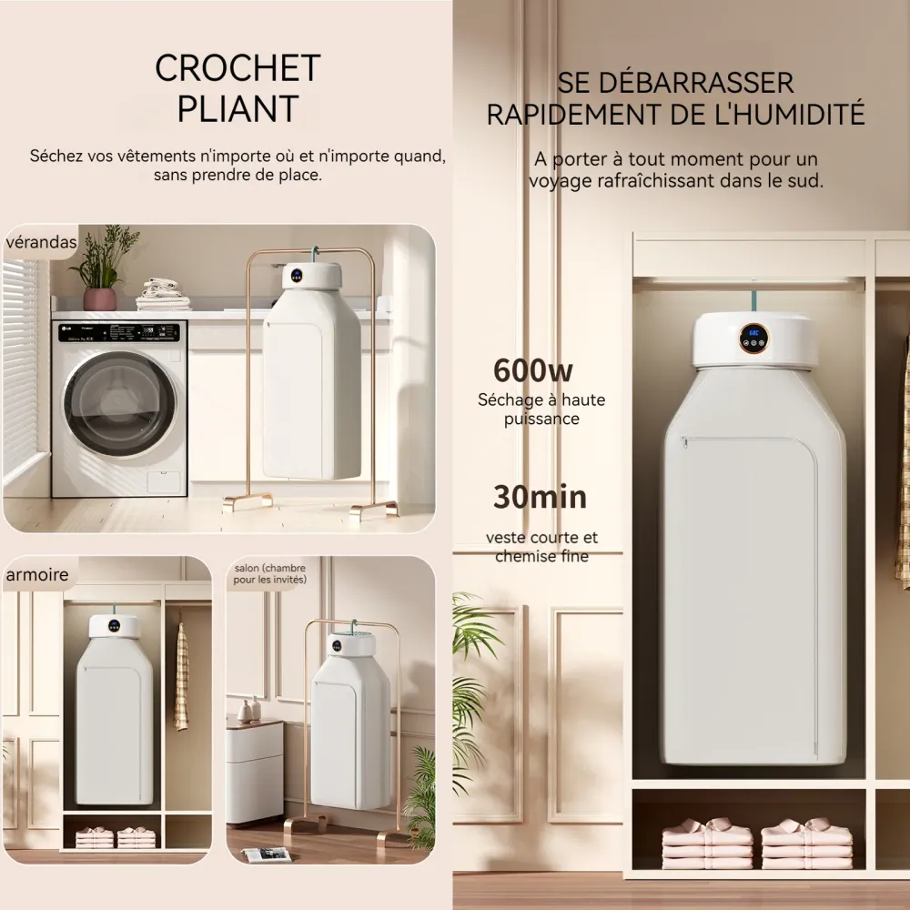 Sèche-linge électrique 65 degrés celsius température de chauffage 10kg capacité portante sèche-linge pliable affichage tél...