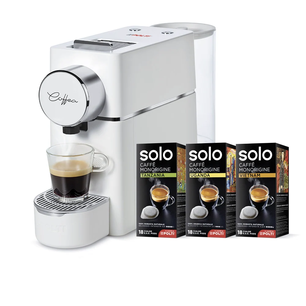Polti Coffea S18W avec 54 kits de dégustation de dosettes incluses SOLO Caffè monorigine - FR