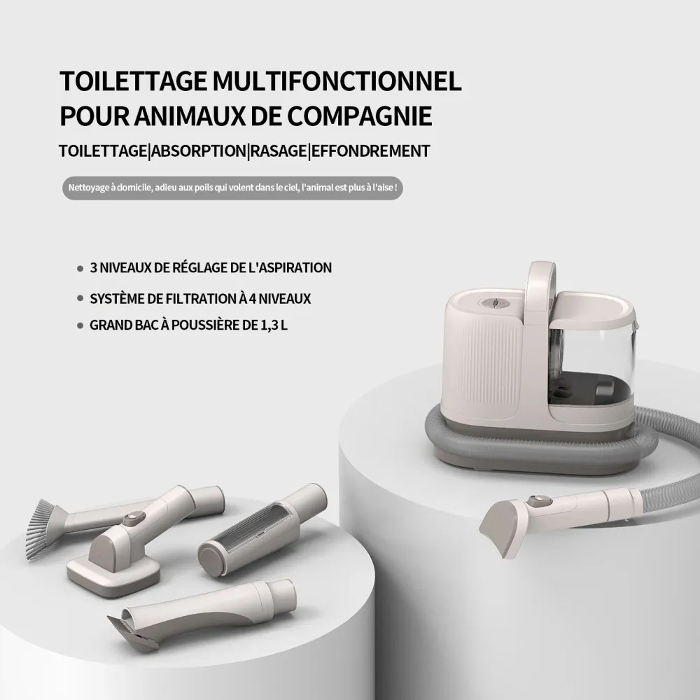 Tondeuse chien 1.3L 12kpa aspirateur poil de chien réglage à 3 vitesses filtration à 4 niveaux tondeuse pour chien avec as...
