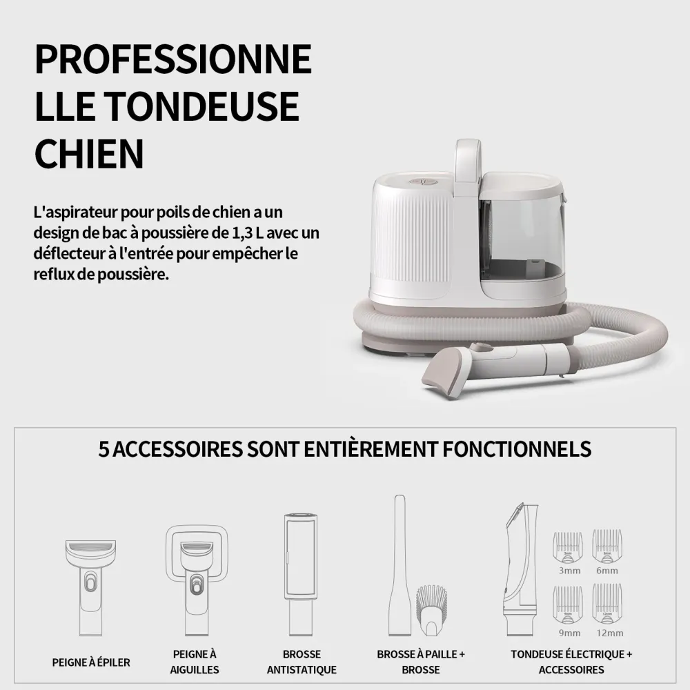 Tondeuse chien 1.3L 12kpa aspirateur poil de chien réglage à 3 vitesses filtration à 4 niveaux tondeuse pour chien avec as...