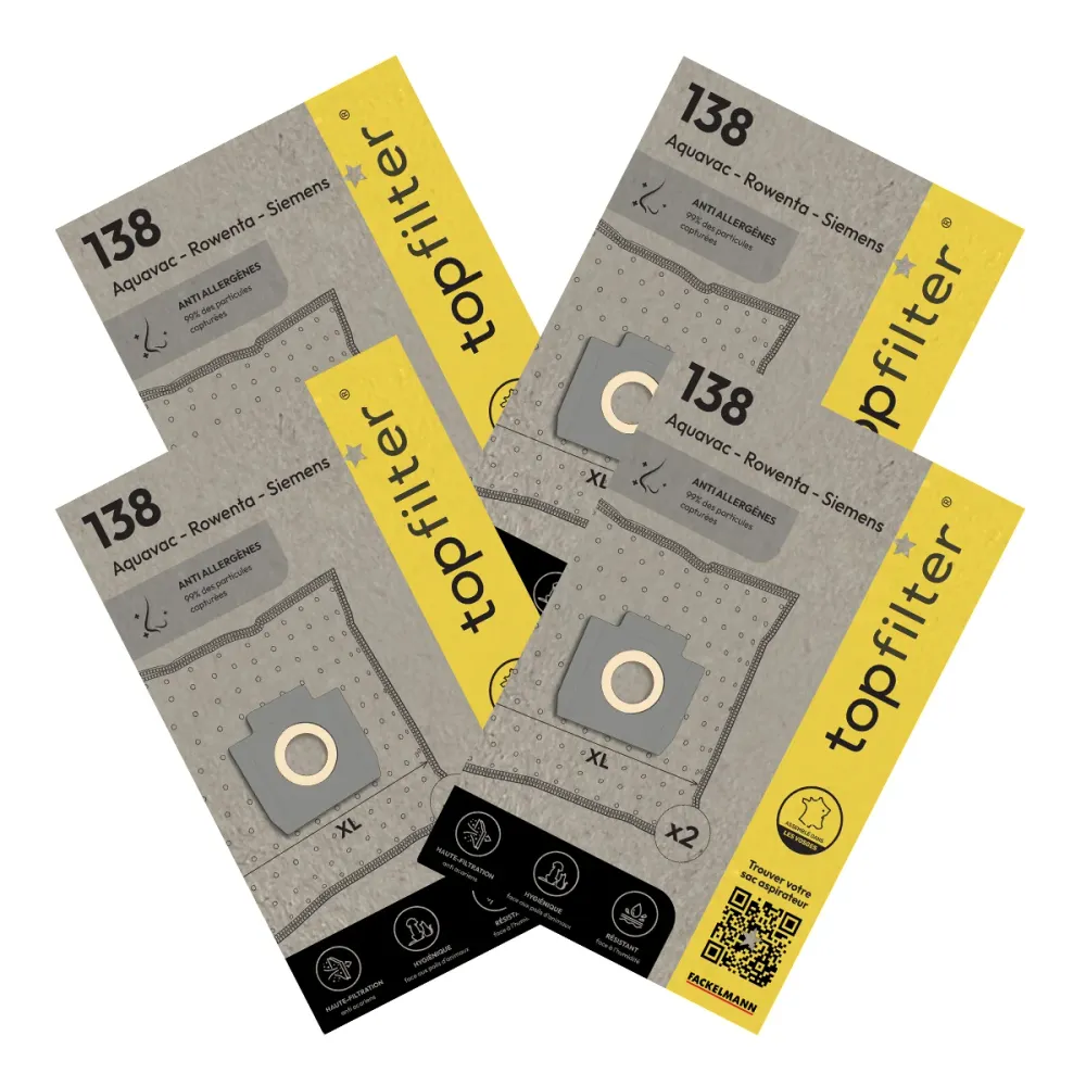 Lot de 4 packs de 2 sacs aspirateur 64138 pour Rowenta industriel TopFilter Premium Top Filter