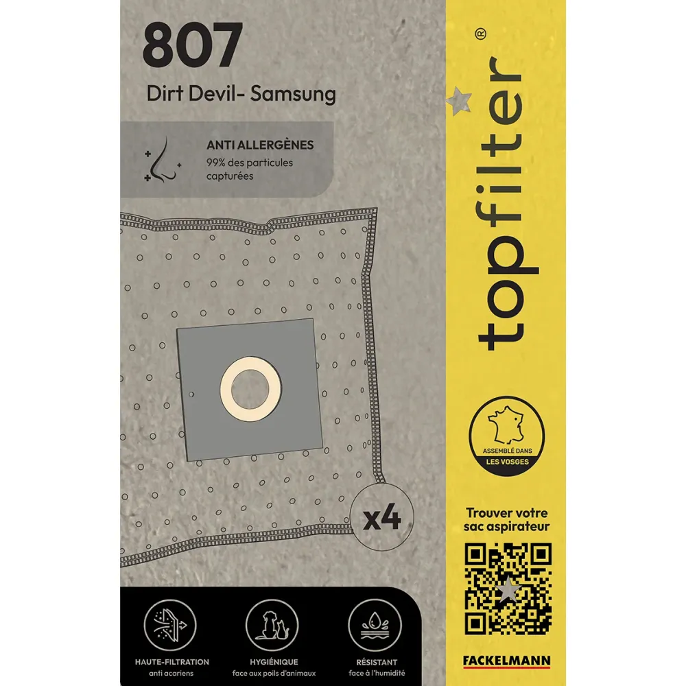 Lot de 4 sacs aspirateur Dirt Devil Samsung TopFilter Premium Top Filter