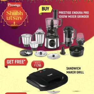 Prestige Endura Pro 1000W Mixer Grinder 6 Jars & 6 accessories and Sandwich Toasters fixed Grill Plate, PGMFB Velan Store