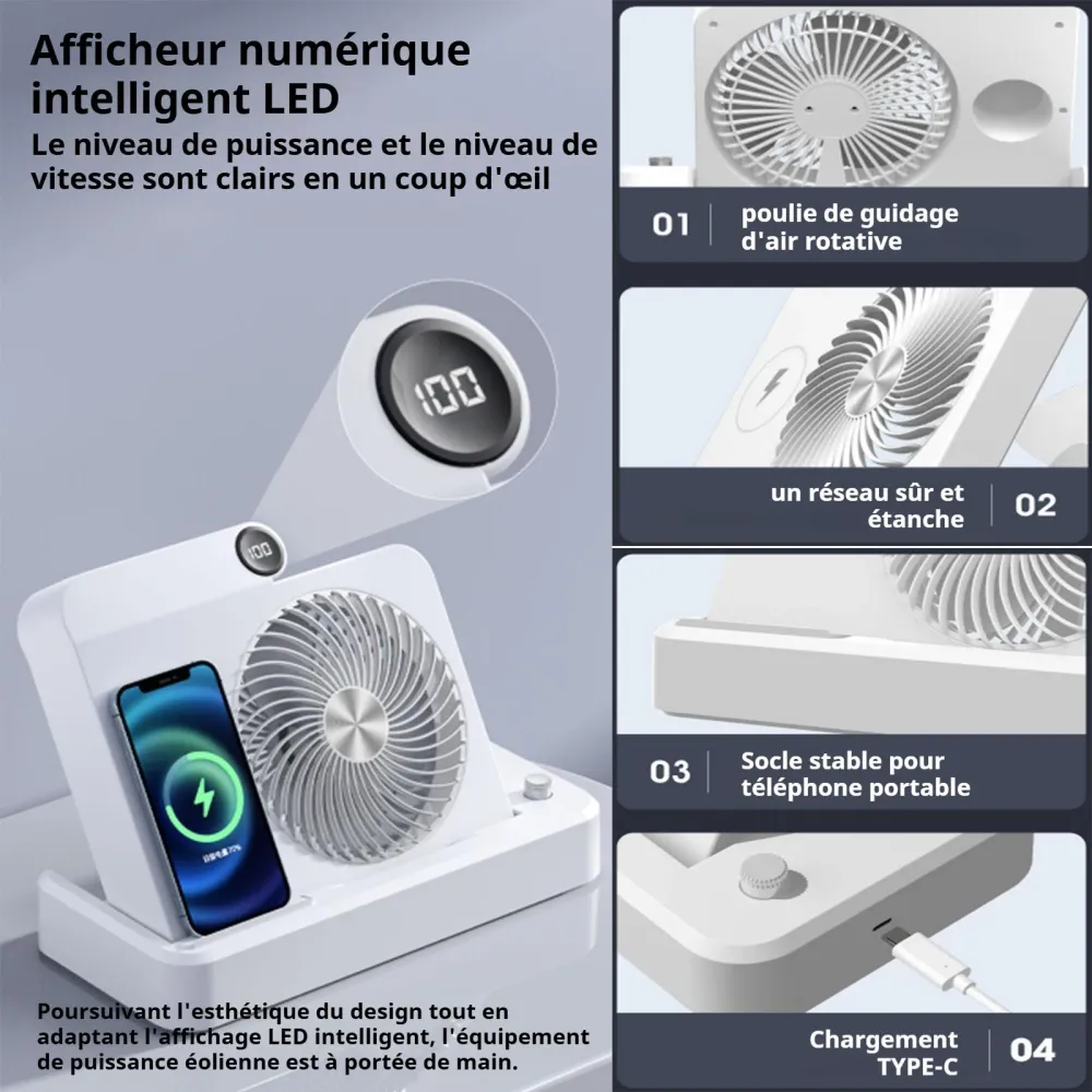 Ventilateur 2 en 1 2400mAH 188x165x45mm peut être utilisé pour chargement sans fil des téléphones portables affichage numé...