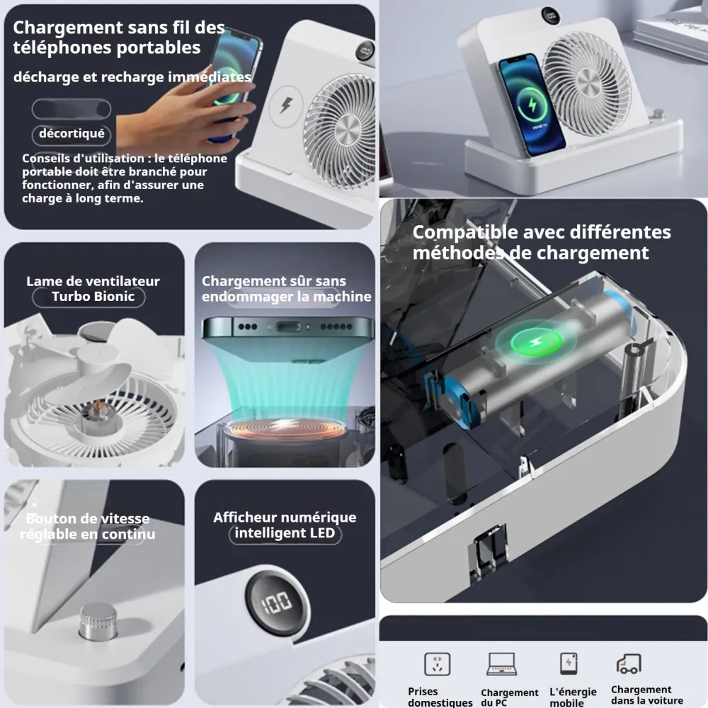 Ventilateur 2 en 1 2400mAH 188x165x45mm peut être utilisé pour chargement sans fil des téléphones portables affichage numé...