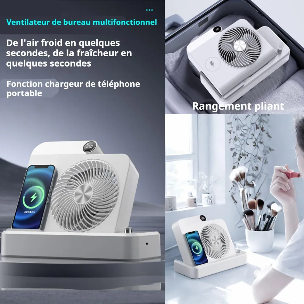 Ventilateur 2 en 1 2400mAH 188x165x45mm peut être utilisé pour chargement sans fil des téléphones portables affichage numé...