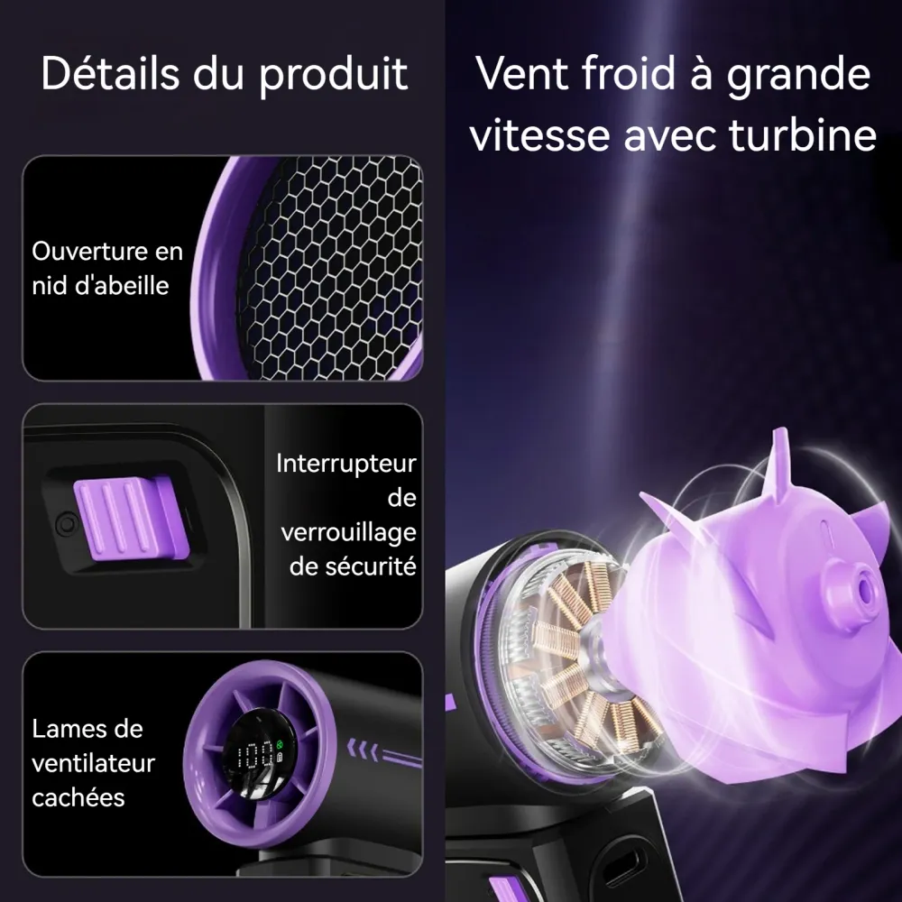 Ventilateur 3600mAh 125x59X40mm 100 niveaux vitesse affichage LED prise Type-C mini ventilateur portatif facile à transporter