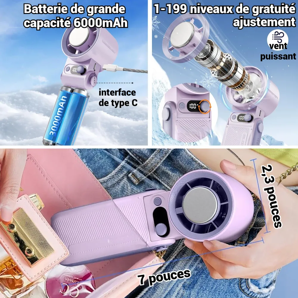 Ventilateur 6000mah 6,2 x 5,7 x 17,8 cm 199 vitesses pliable et portable conception anti-bruit affichage numérique intelli...