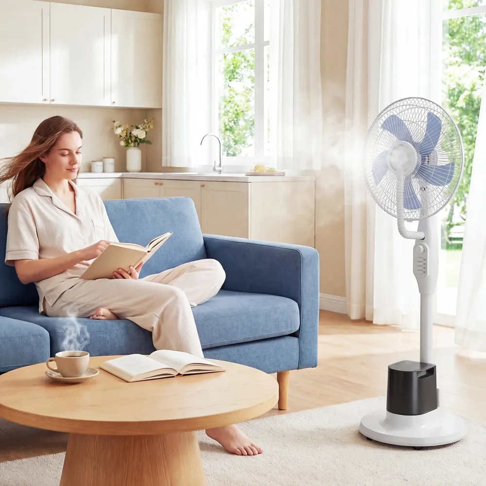 Ventilateur brumisateur 90W, ventilateur sur pied 128cm avec oscillation à 70°, 3 vitesses, réservoir d'eau 3,5 L, 5 roues...