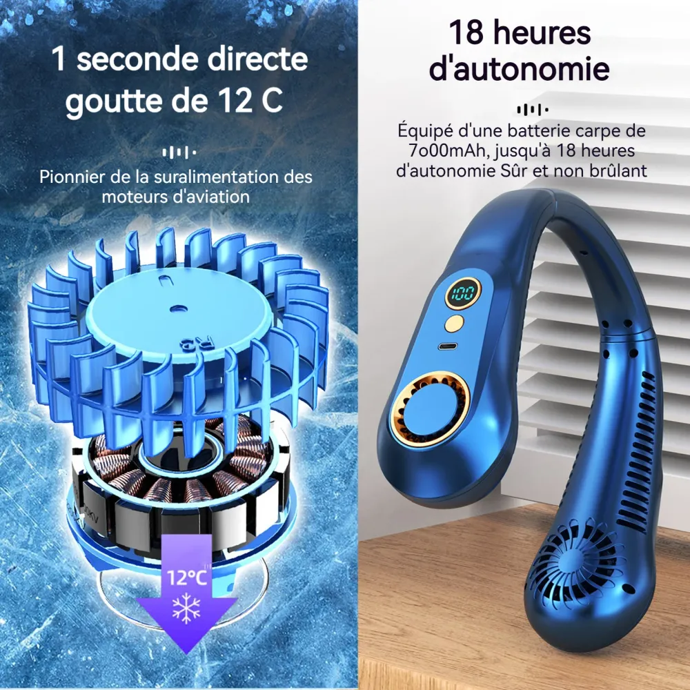Ventilateur de cou sans pales 3000mah rechargeable à 5 vitesses avec affichage numérique éventail de cou ventilateur portable