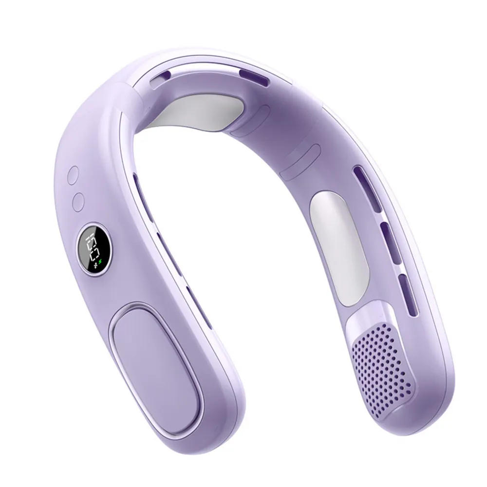 Ventilateur de cou violet 7.6W 20,2x19x11,3cm 5 vitesses réglables avec affichage numérique réglable éventail de cou portable