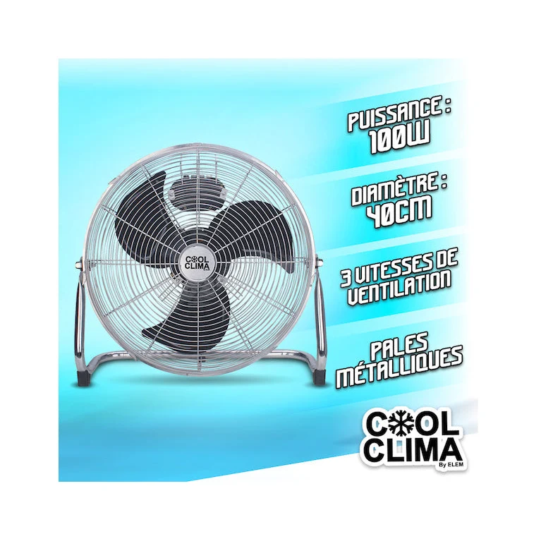Ventilateur métallique 100W – 40 cm – Ultra puissant, 3 vitesses, tête orientable