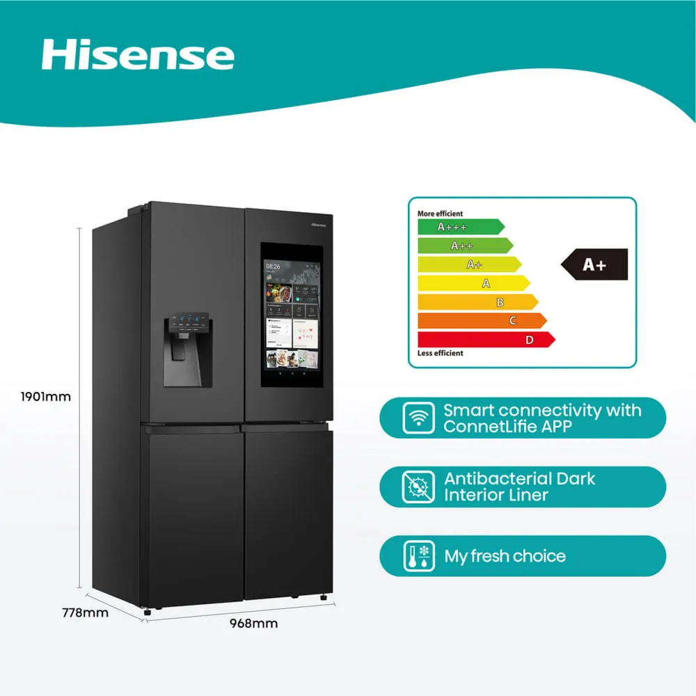 Hisense 536L Four Door Water Dispenser Fridge Noir jais