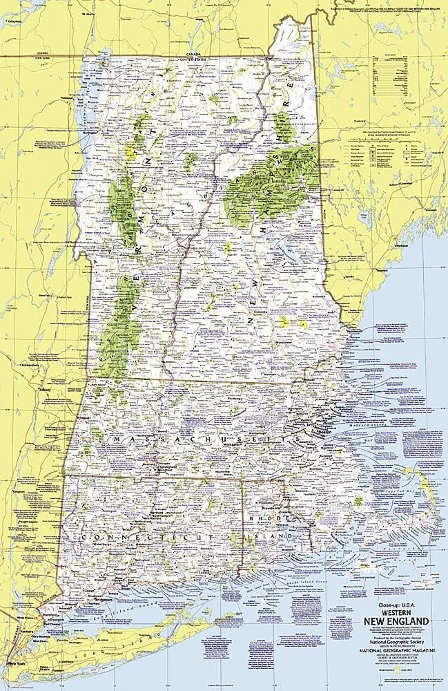1975 Gros plan USA, carte de l'ouest de la Nouvelle-Angleterre
