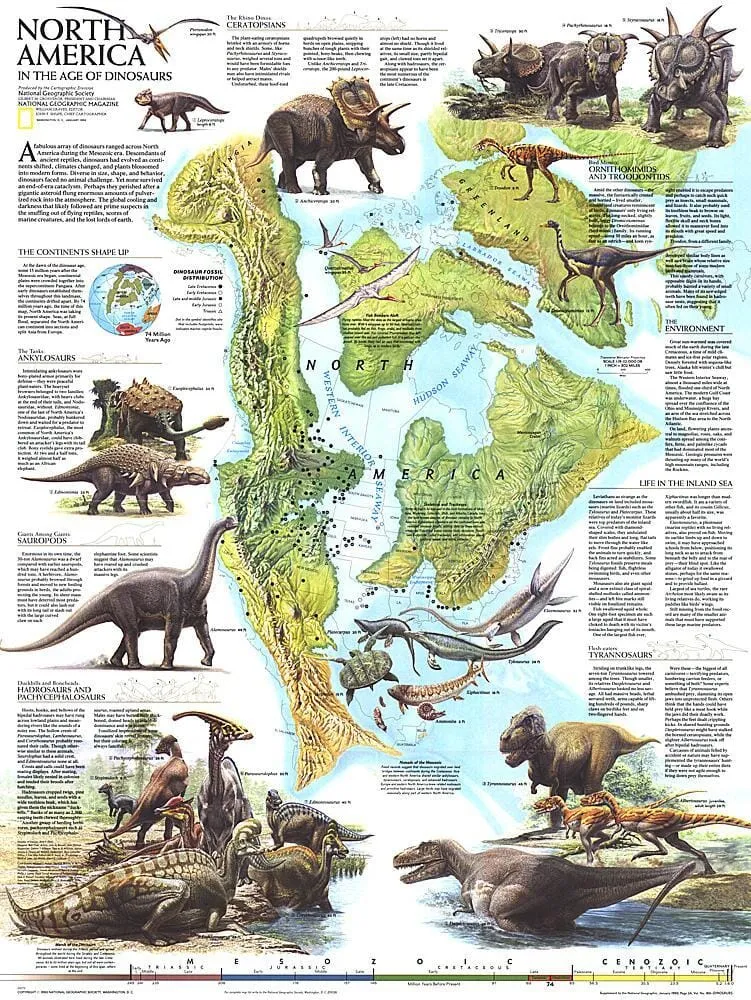1993 Carte L'Amérique du Nord à l'ère des dinosaures