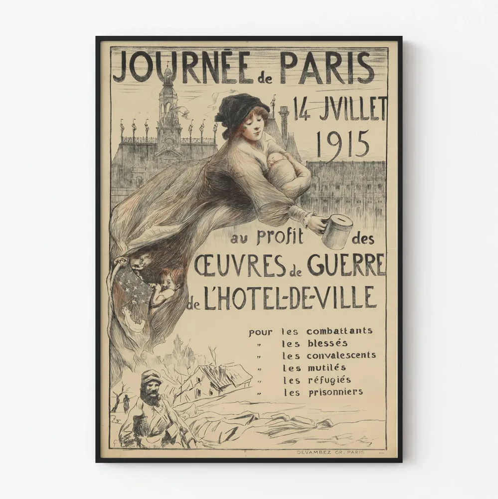 Affiche ancienne Journée de Paris 14 juillet 1915 Œuvres de Guerre