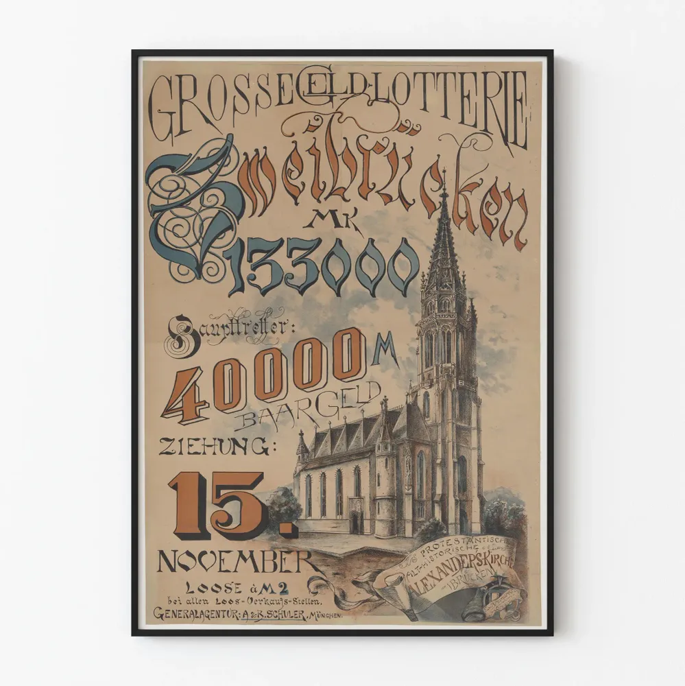 Affiche ancienne loterie avec illustration d'église gothique