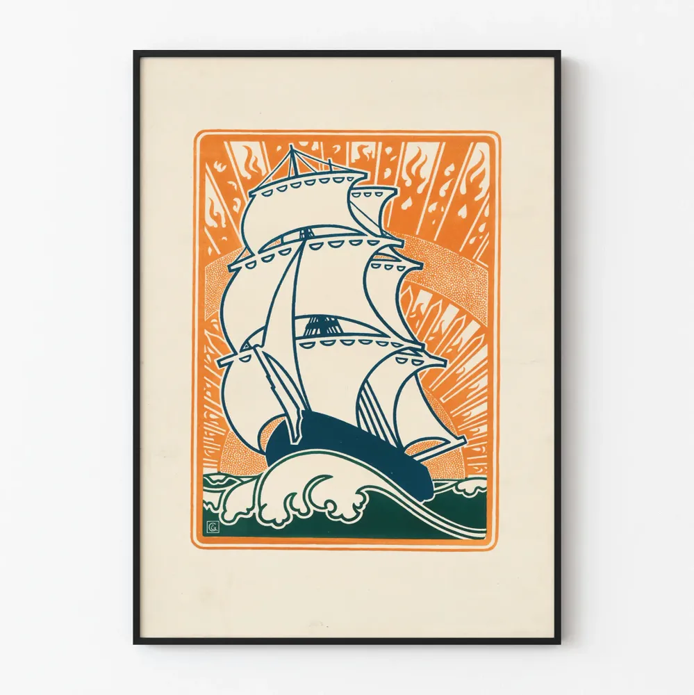 Affiche Art Déco Grand Voilier au Soleil Couchant