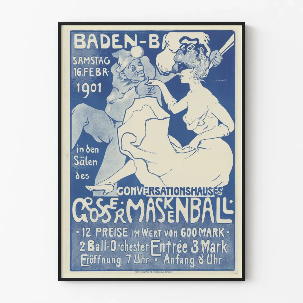 Affiche Art Nouveau Bleu pour Bal Masqué à Baden-Baden 1901