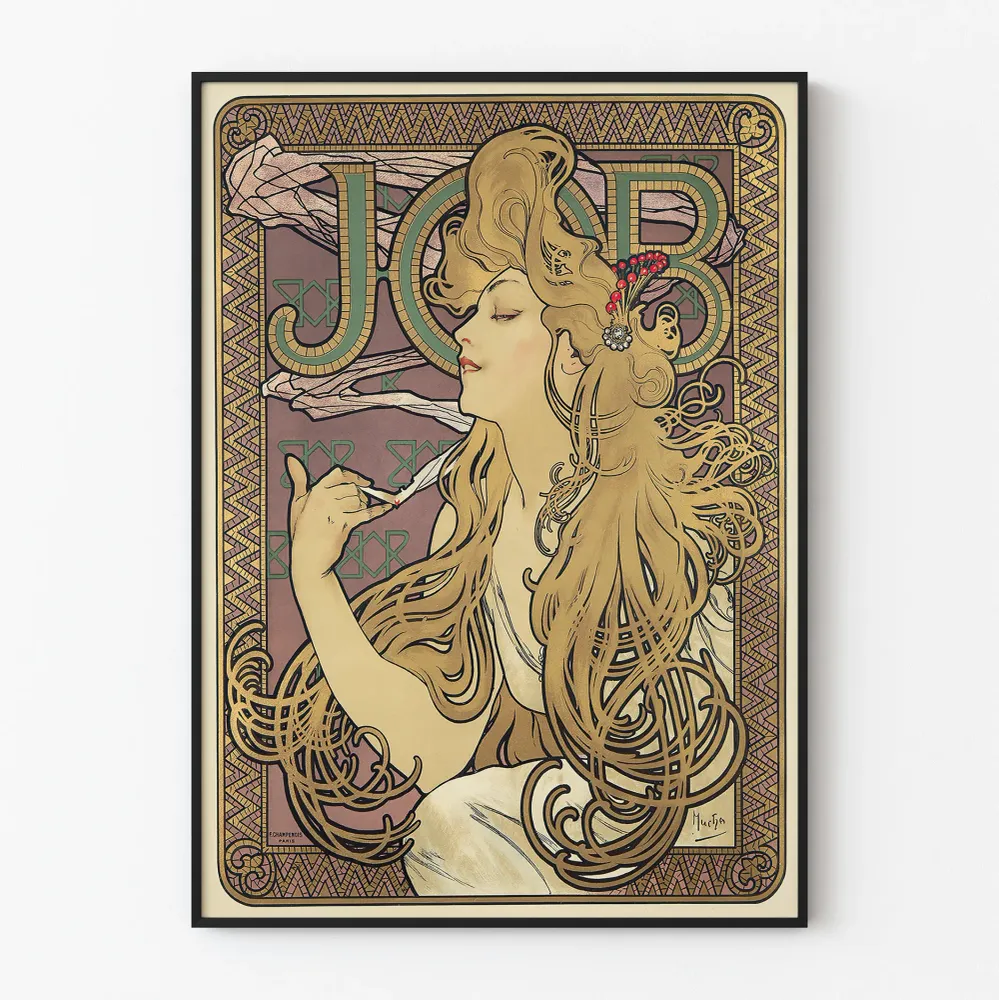 Affiche Art Nouveau décorative avec femme stylisée et motifs dorés