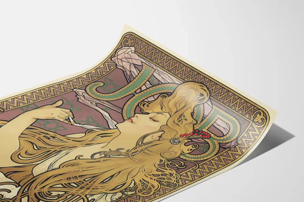 Affiche Art Nouveau décorative avec femme stylisée et motifs dorés