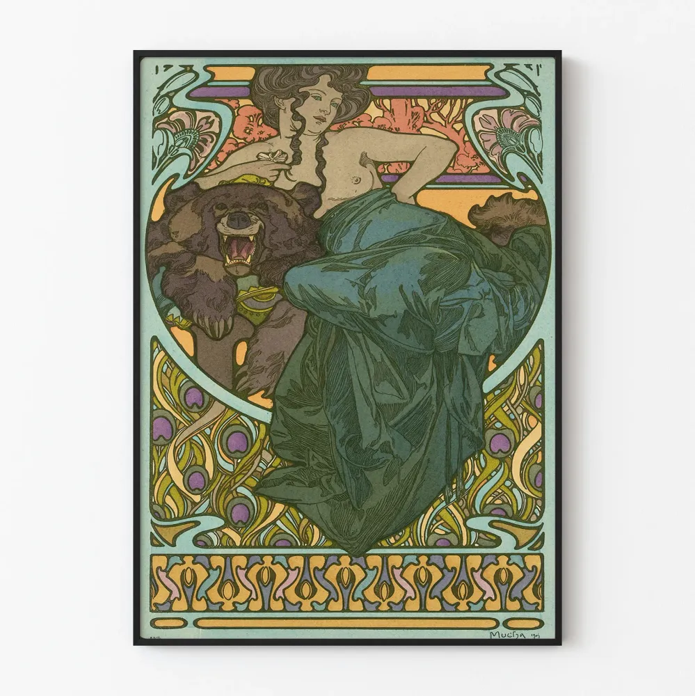 Affiche Art Nouveau Femme et Ours - Décoration Murale Élégante