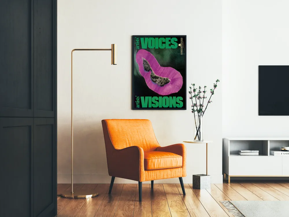 Affiche artistique Voices Visions avec île colorée