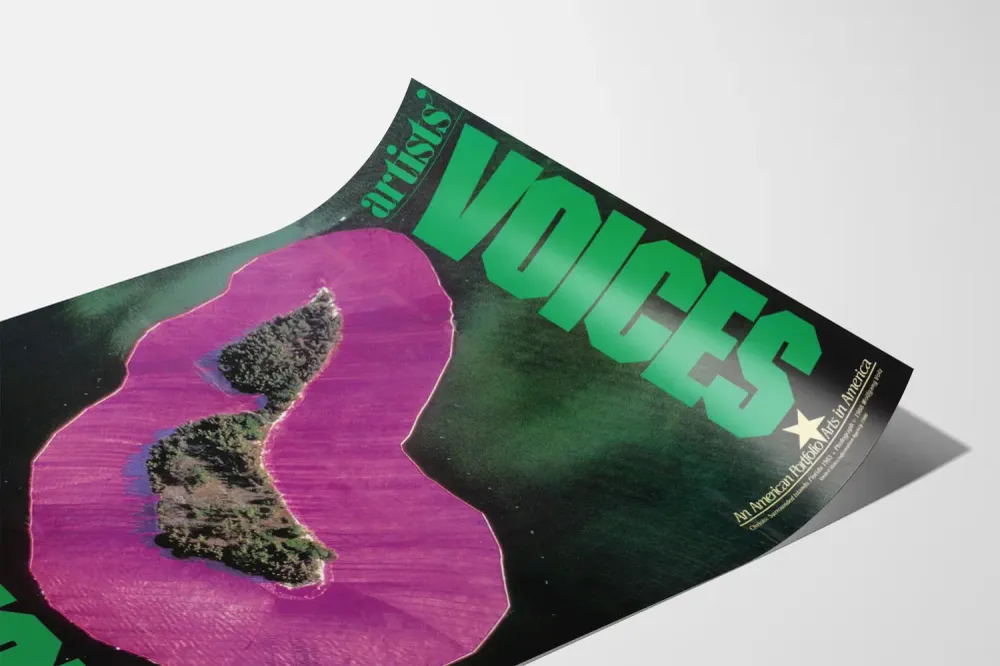 Affiche artistique Voices Visions avec île colorée