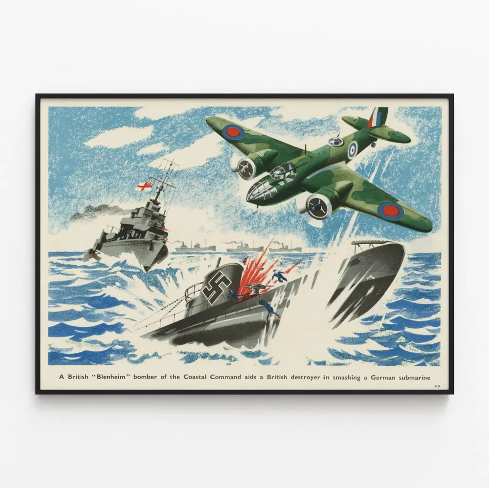 Affiche avion Blenheim et destroyer britannique contre sous-marin allemand