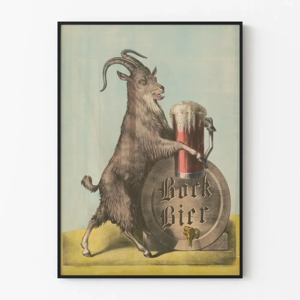 Affiche Bock Bier vintage avec chèvre et tonneau