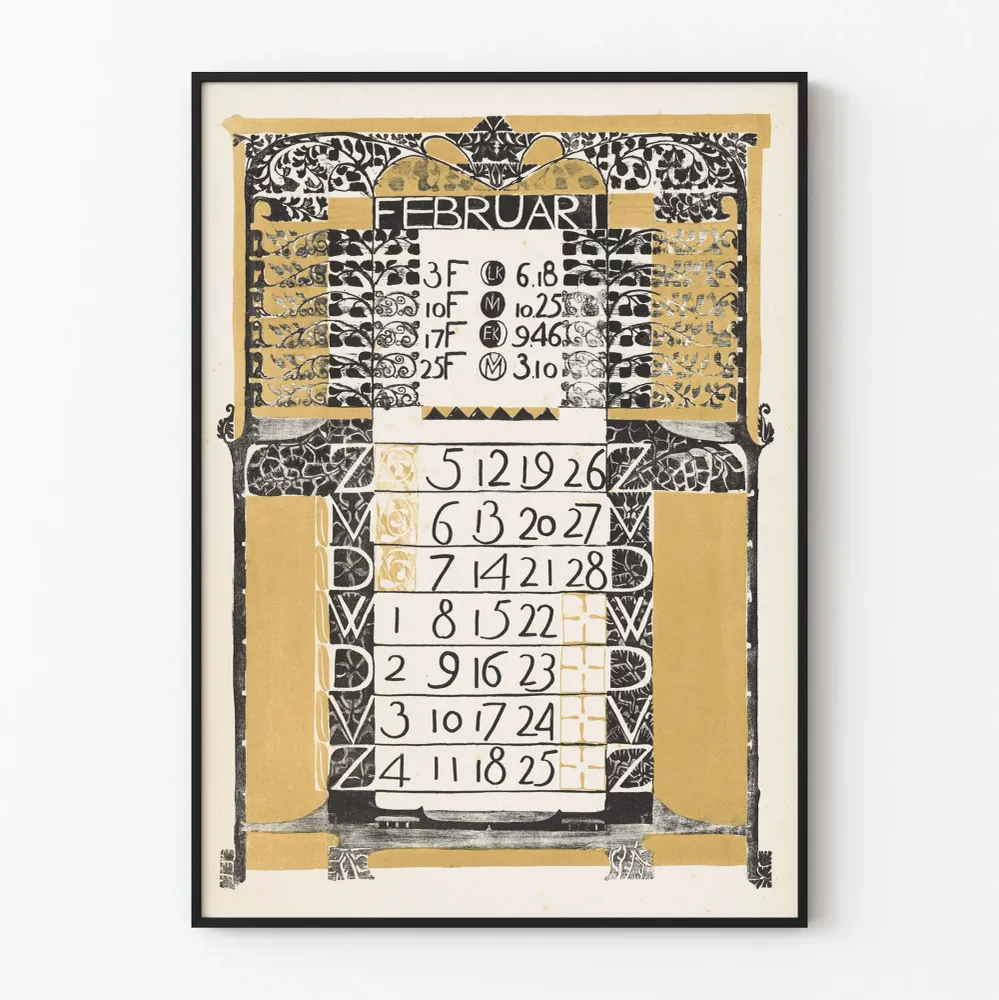 Affiche Calendrier Février 1899 Style Art Nouveau